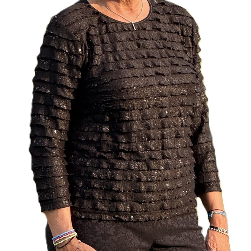Black party top, three-quarter sleeves, fun as well as elegant , Size 12-14